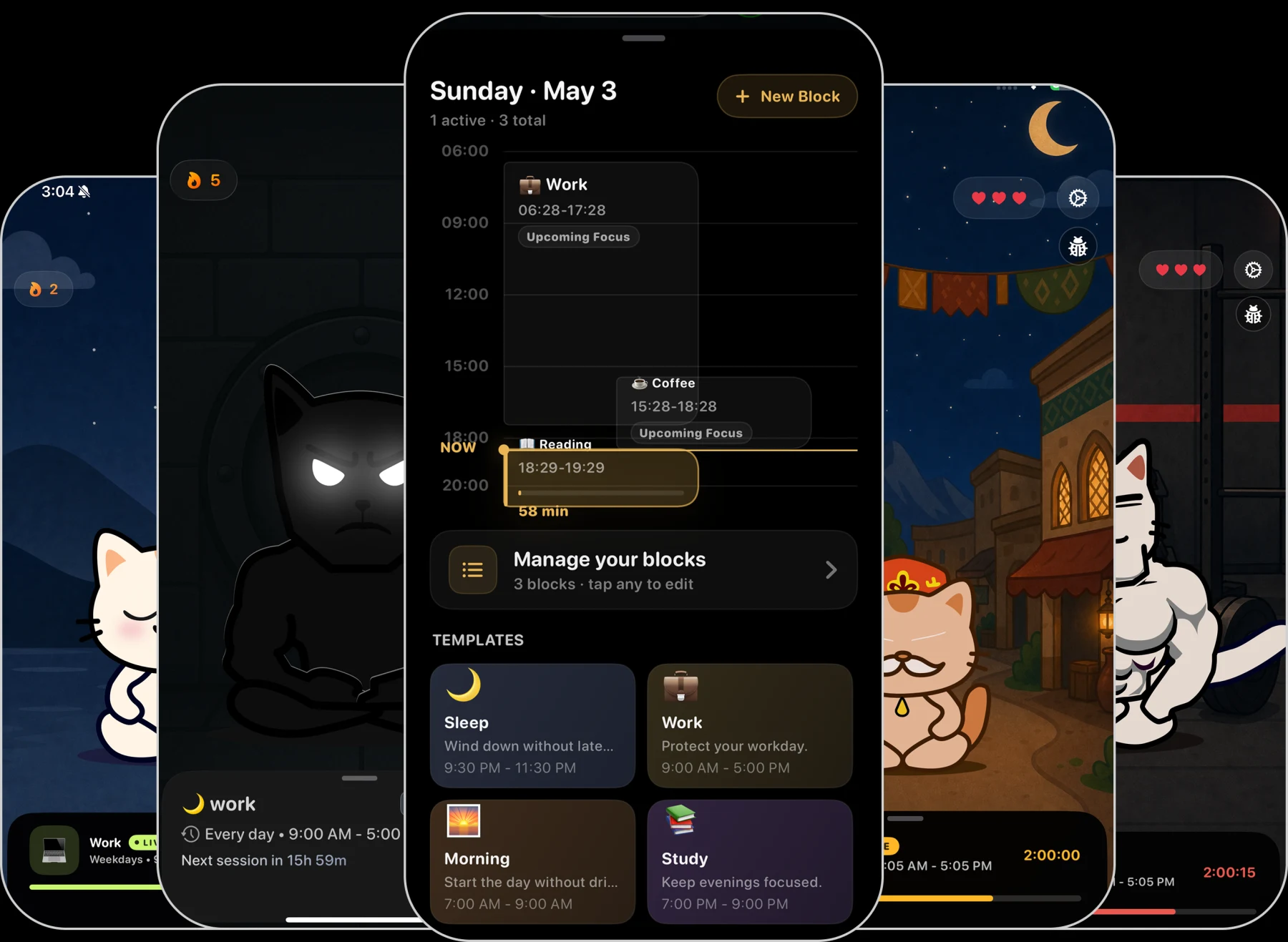 EvoCat focus schedules and four cat blocking modes on iPhone