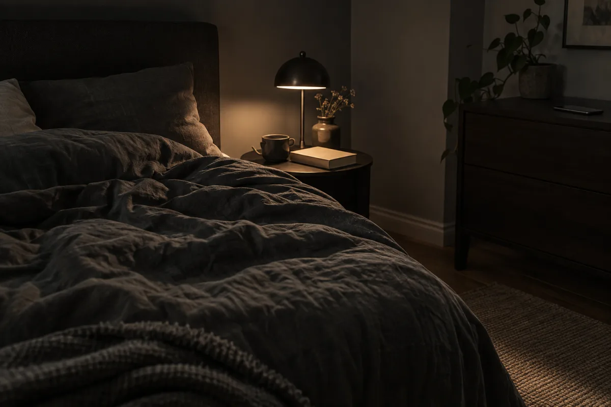 A dim reading lamp beside a bed, with the phone left on a separate dresser.