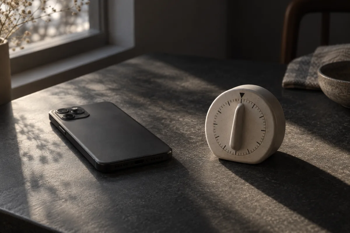 A face-down phone beside a small mechanical timer on a dark table.