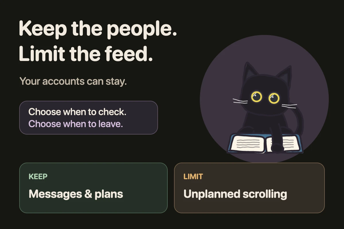 Nori reads beside two choices: keep messages and plans; limit unplanned scrolling. Social accounts can stay.