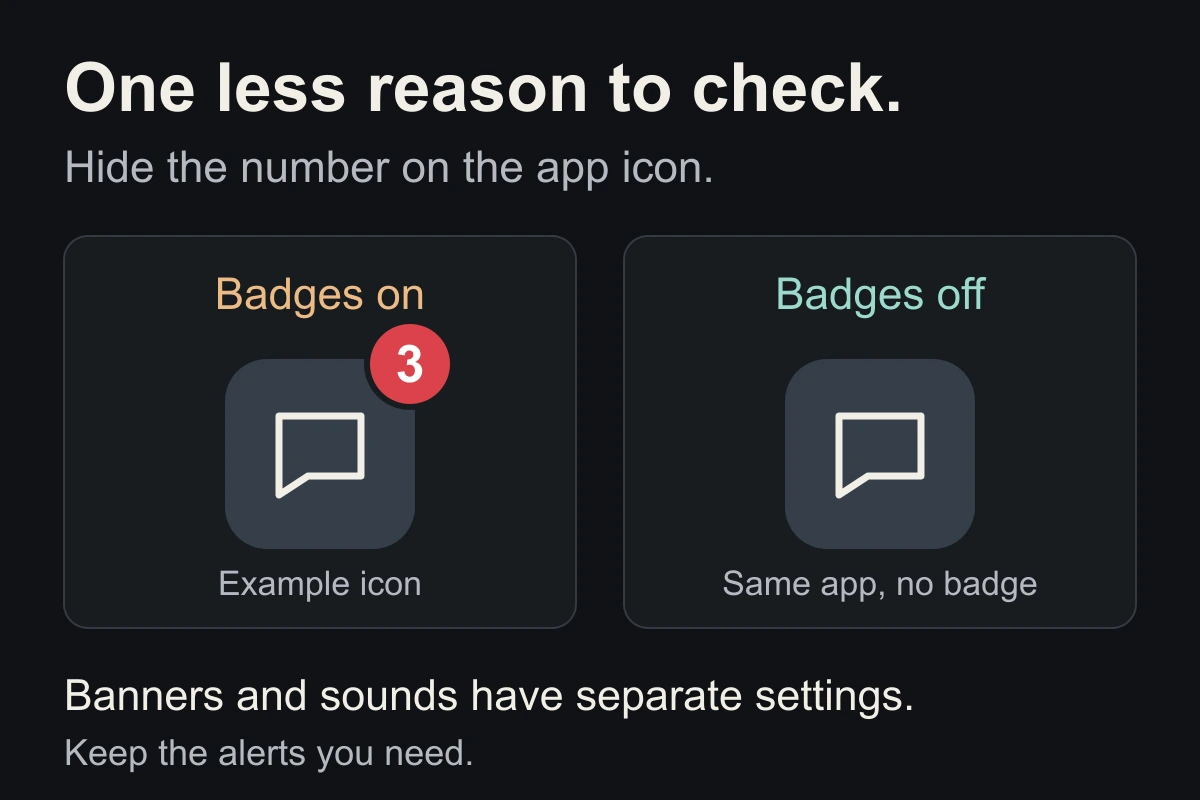 Illustrative app icons: Badges on shows a red number; Badges off hides it. Banners and sounds have separate settings.