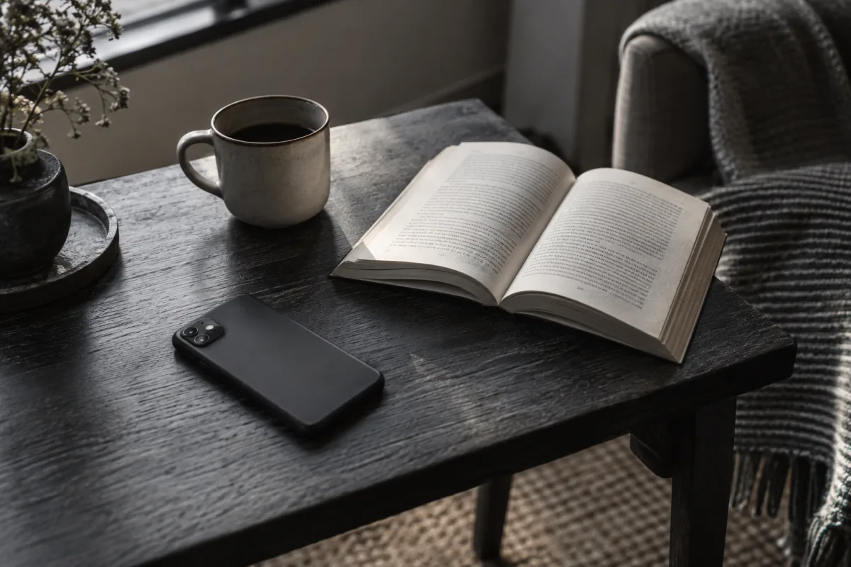 A phone set face-down beside an open book and a ceramic cup.