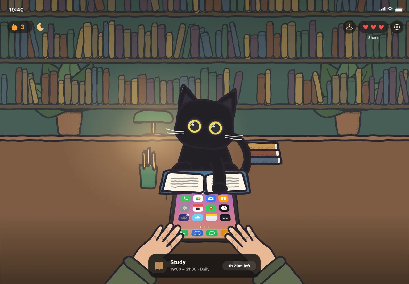 Sketchbook iPad design preview: Nori keeping company during a study session in a warm reading room